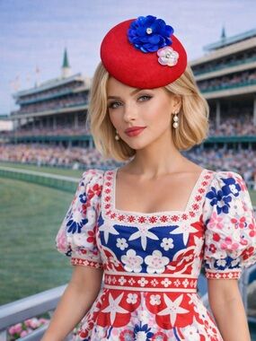 Kentucky Derby Hat Red Fascinator Royal Blue Sequin Floral Sinamay Button Base